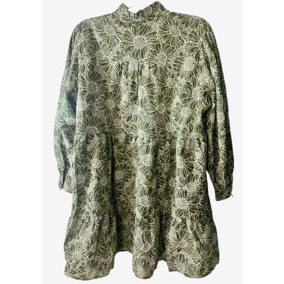 Plus Size Women's Olive Green Floral Dress Ruffle Long Sleeve V Neck Flared 2XL - Picture 3 of 9